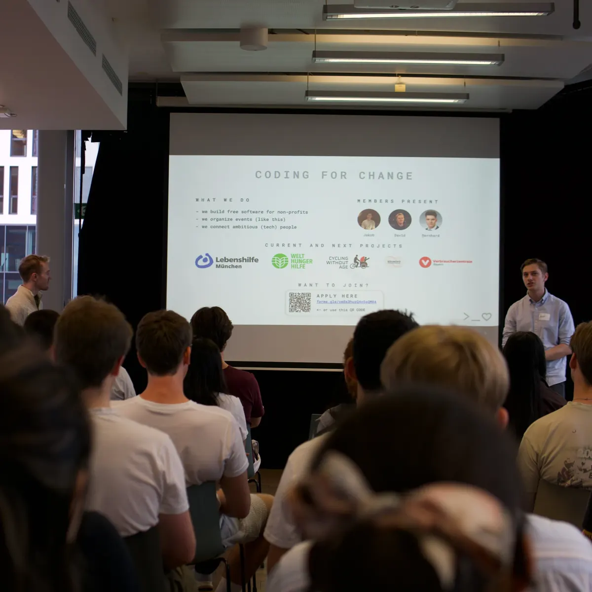 A full room of students at a Coding for Change presentation
